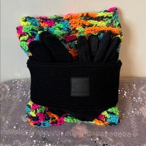 CC Exclusives Ear wrap, Chiffon Blk Gloves, Nylon Blk Gloves